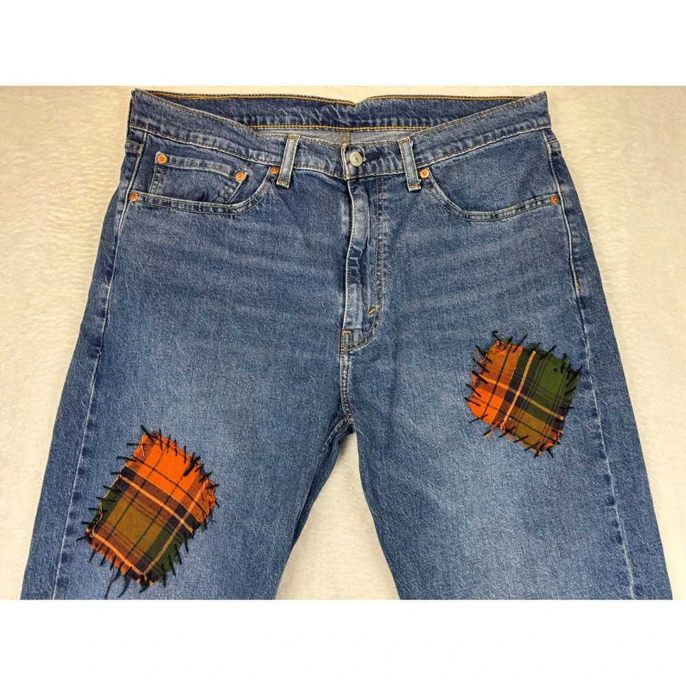 Levi's 505 Men's 36x32 Jeans Scare Crow Plaid Patchwork Grungy Deep Blue Denim